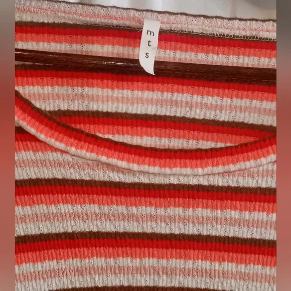 MTS Large Striped Scoop-Neck Knit Shirt Coral Cream Soft Retro 70s 80s Cuff Cozy - Picture 4 of 6
